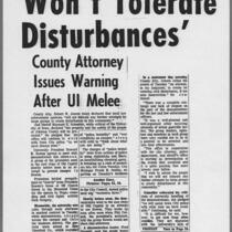 1967-12-06 Press-Citizen: "Won't tolerate disturbances" Page 1