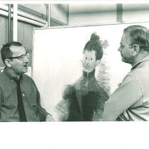 Mauricio Lasansky with Paul Engle in front of a print by Lasansky, The University of Iowa, 1960s