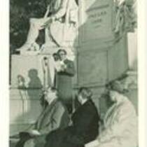 Man giving speech in front of monument for Battle of Gettysburg, 1950s