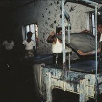 Papermaking team using deckle box, Aurangabad, Maharashtra, India, 1985