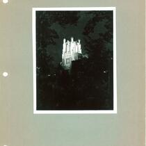 Night view of General Hospital's gothic tower, The University of Iowa, September 1938